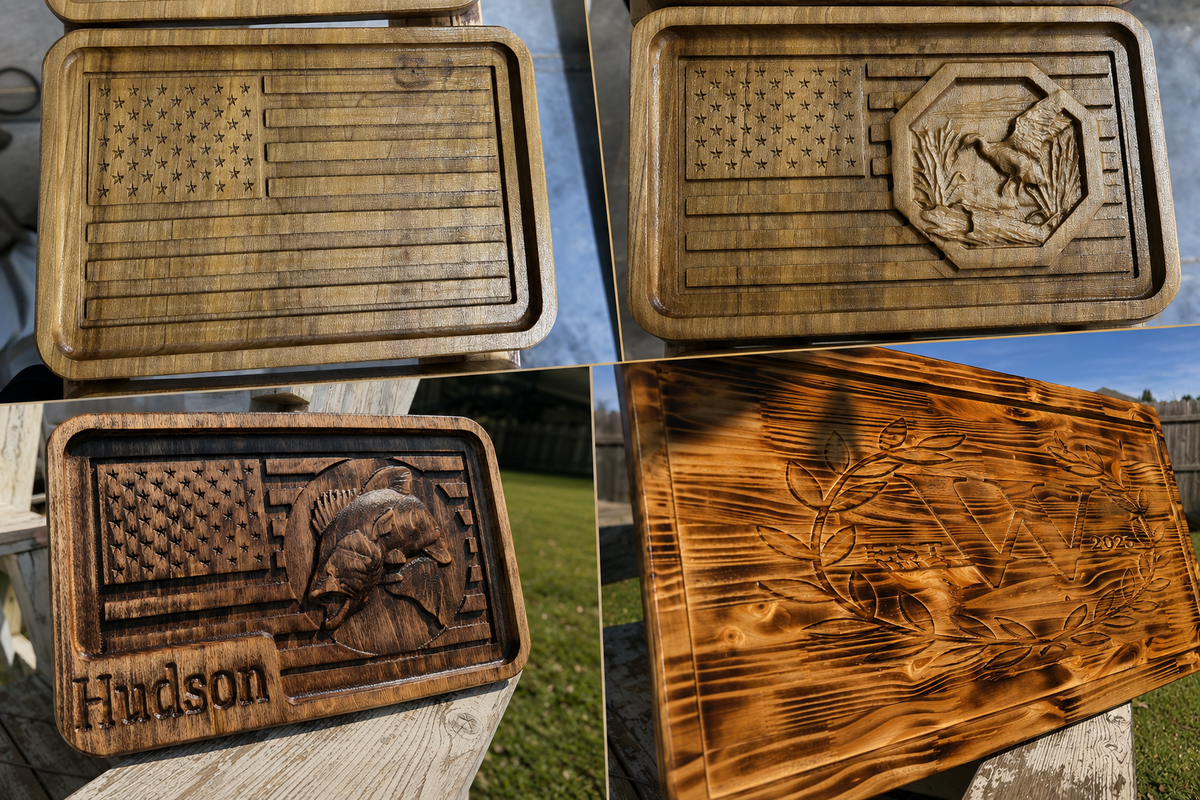 A stylized wooden emblem reading "SOUTHERN CNC DESIGNS" with a saw blade at the top, pine trees, a glowing sun, and two drill bits below on a black background.
